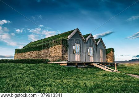 Traditional Ancient Icelandic Turf Houses In The Northern Iceland, Travel Background