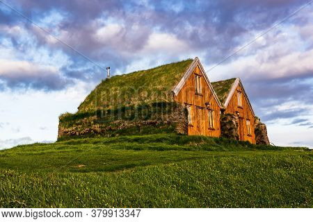 Traditional Ancient Icelandic Turf Houses In The Northern Iceland, Travel Background