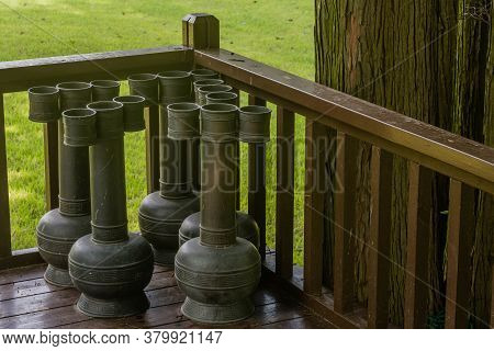 Geumsan, South Korea; July 21, 2020: For Editorial Use Only. Metal Containers For Holding Bows And A