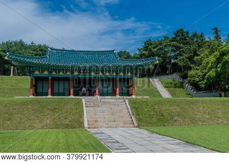 Geumsan, South Korea; July 21, 2020: For Editorial Use Only. Buddha Temple Building On Hillside Unde