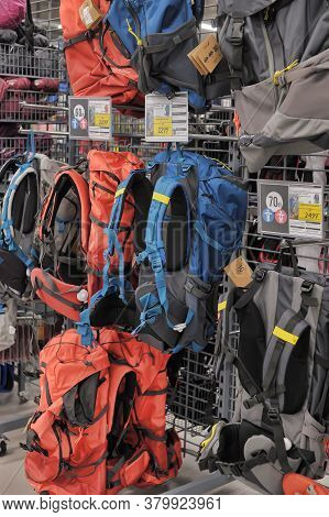 Russia, St. Petersburg 03,04,2014 Travel Backpacks In The Sports Shop