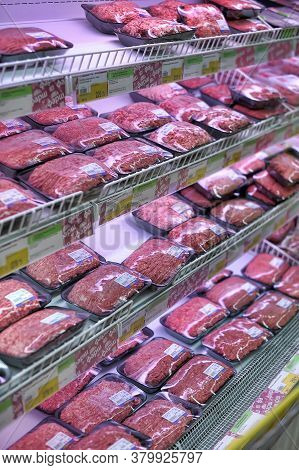 Russia, St. Petersburg 25,01,20144 Fresh Minced Meat And Meat In The Supermarket