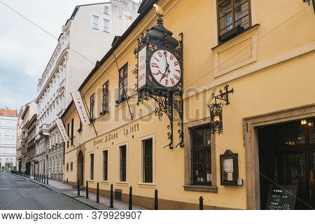 Prague, Czech Republic - July 10 2020: U Fleku Pivovar Restaurant, Beer Hall And Brewery Entrance Wi