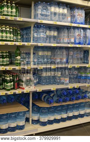 Russia, St. Petersburg, 20,11,2016 Water On Supermarket Shelves