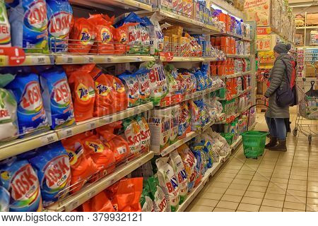 Russia, St.petersburg, 16,12,2016
Detergents For Laundry Cleaning On Supermarket Shelf.