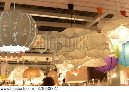 Various Lighting Fixtures, Lamps And Nightlights In The Ikea Store
