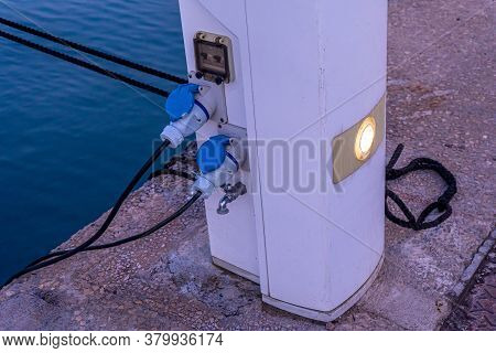 Cagnes-sur-mer , France 22.07.2020 Electricity Charging Station For Boats. Evening Time.