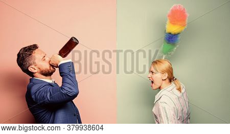 Couple Man And Woman Problem. Alcoholism Problem. Drunk Man. Drunk Worker After Workday. Arguing. Fa