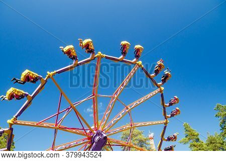 Kouvola, Finland - 14 July 2020: Extreme Ride Endeavour In Motion In Amusement Park Tykkimaki