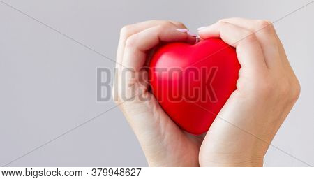 Red Heart. Healthcare And Medicine Concept. Woman Holding Decorative Heart. Close-up Of Female Hands