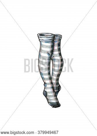 Hand Drawn Illustration Of Grey Striped Witch's Stockings Or Overknee Socks Isolated On White. Conce