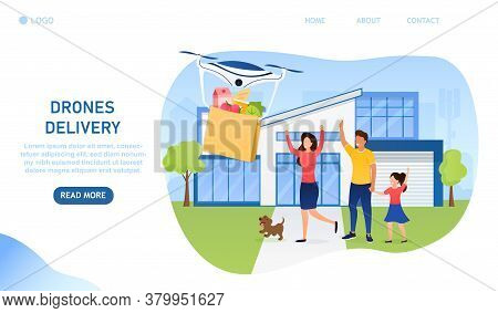 Young Attractive Couple With A Child Standing Near Their Smarthouse Meets The Delivery Of Food. The 