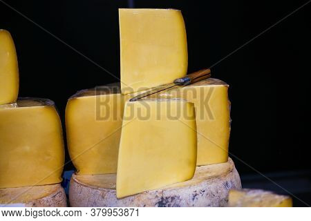 Cuts Of Kashkaval Or Kasseri  Cheese For Sale On The Shelf