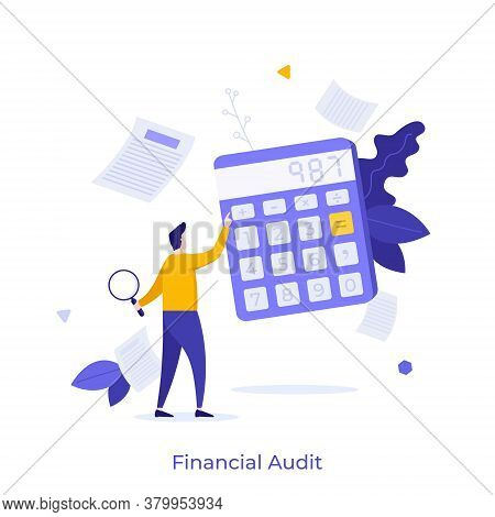 Man Holding Magnifying Glass And Using Calculator. Concept Of Financial Audit Or Professional Accoun