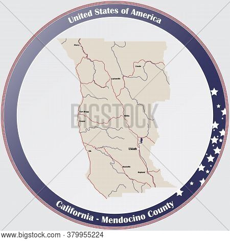 Round Button With Detailed Map Of Mendocino County In California, Usa.