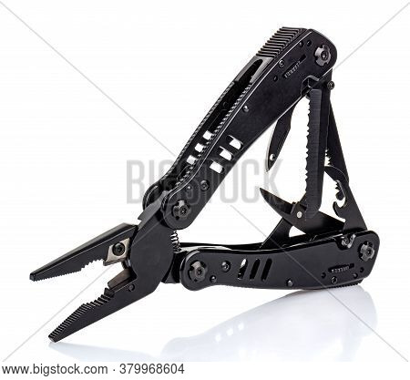 Standing On One Handle Foldable Multipurpose Edc Knife With Opened Work Tools Isolated On White Back