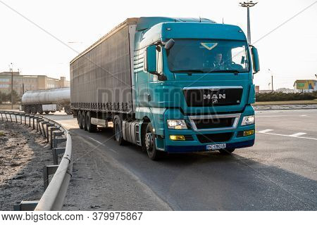 Ukraine, Kyiv - May 10, 2020: Cargo Truck On The Road. Transportation And Logistic. Tir.