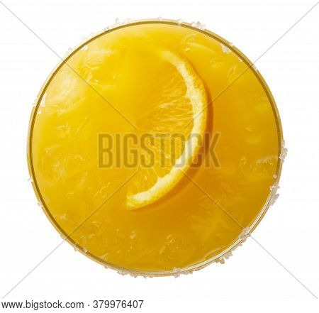 Top View Of Orange Margarita Cocktail With Tequila, Triple Sec, Orange Juice, Crushed Ice And Some S