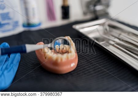 Close Up Dental Tools, Stomatological Instruments In Dentists Modern Stomatology Clinic. Model Maxil