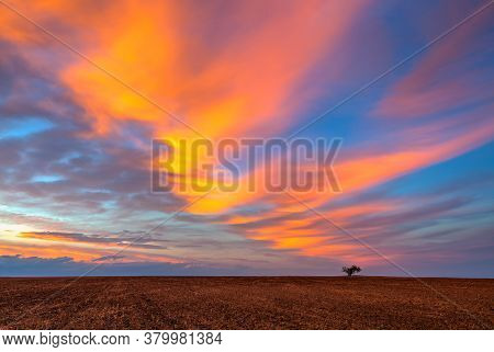 Amazing Sunset On The Empty Field After Harvesting. Czech Republic. Amazing Sunset In Czech Bohemian