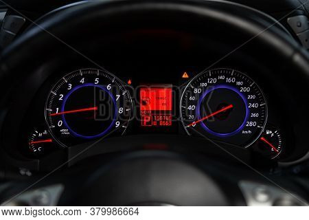 Novosibirsk/ Russia - August 01  2020: Infiniti Fx, Dashboard Of The Car Is Illuminated By Bright Il