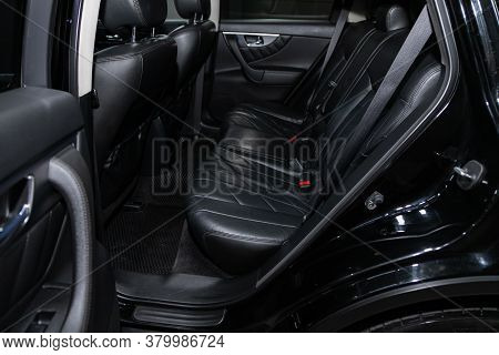 Novosibirsk/ Russia - August 01  2020: Infiniti Fx, Rear Seat For Passengers In Black Leather. Comfo