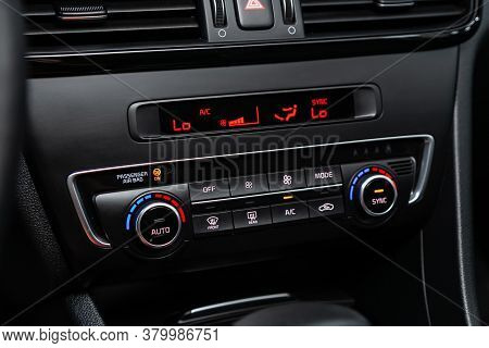Novosibirsk/ Russia - August 01  2020: Kia Optima, Vehicle Interior With Visible Climate Controls, A