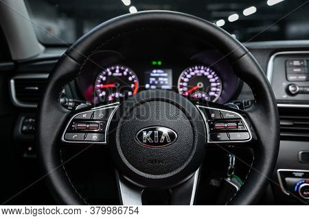 Novosibirsk/ Russia - August 01  2020: Kia Optima, Salon Of A New Stylish Car, Steering Wheel , Dash
