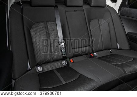 Novosibirsk/ Russia - August 01  2020: Kia Optima, Rear Seat For Passengers In Black Textile. Comfor