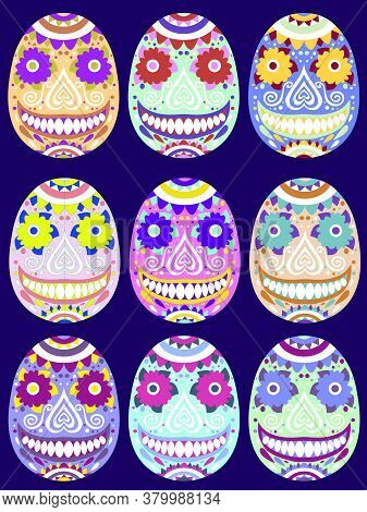 Bold Colors Calavera Set Stock Vector Illustration. Smiling Sugar Skulls Traditional Mexican Festiva