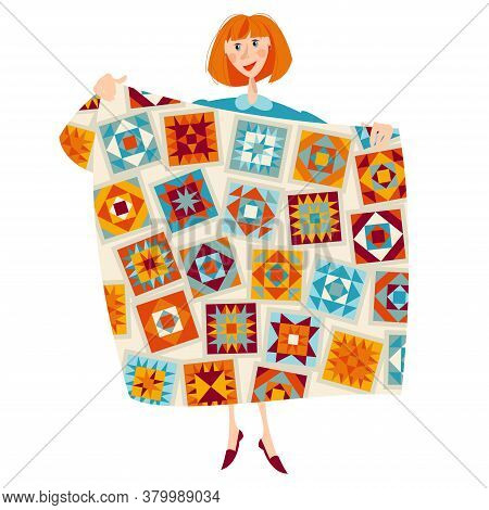 A Woman Holds A Multi-colored Quilt. Patchwork. Quilting. Vector Illustration.
