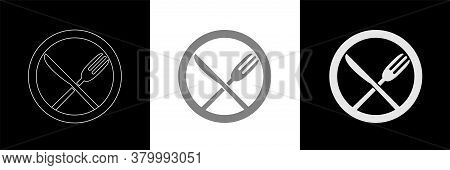 Black And White Spoon, Knife And Fork Crossways On The Plate Icon Vector. Trendy Flat Style For Rest