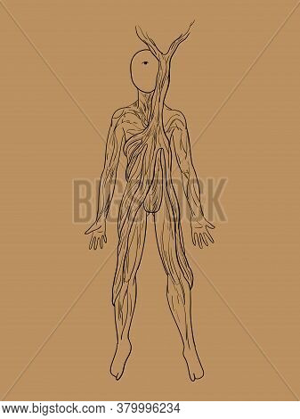 Vector Esoteric Illustration Of A Human In Graphics. Roots Body And The Tree Grows From The Heart. F
