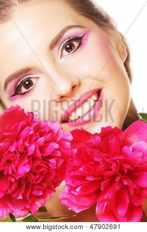 Young Beautiful Woman With Pink Peony