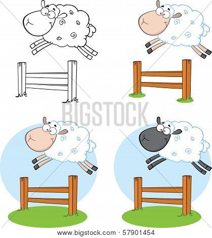 Sheep Characters Jumping Over A Fence  Collection Set