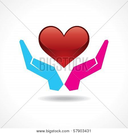 Male and female hand together protect a heart
