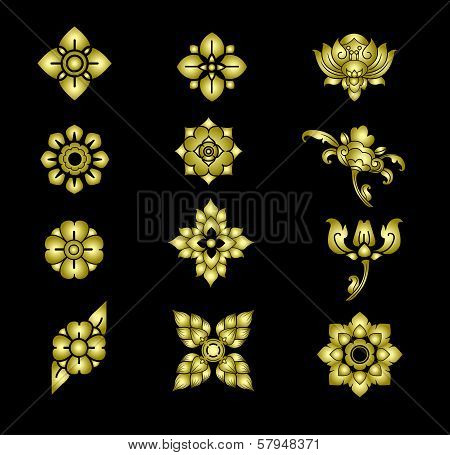 gold floral  of Thai pattern on black background, vector set