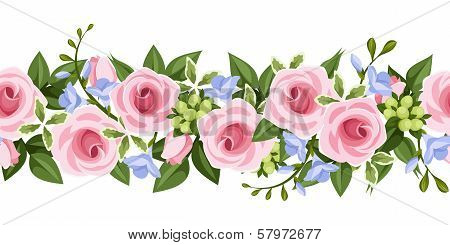 Horizontal seamless background with roses and freesia. Vector illustration.
