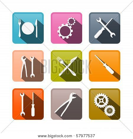 Retro Vector Buttons: Cogs, Gears, Screwdriver, Pincers, Spanner, Hand Wrench Tools, Knife, Fork