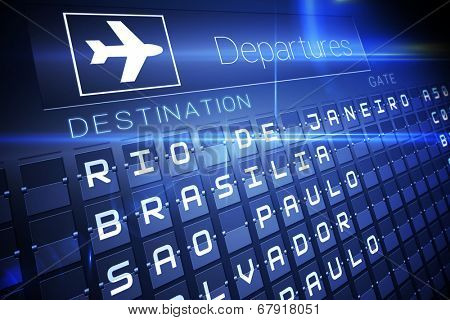 Digitally generated blue departures board for south america