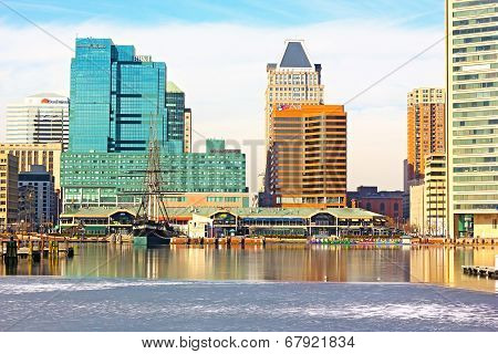 Baltimore USA - January 31 2014: View on downtown skyline from the Inner Harbor Pier 1.