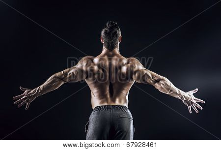 Beautiful muscular man bodybuilder posing back over dark background. 