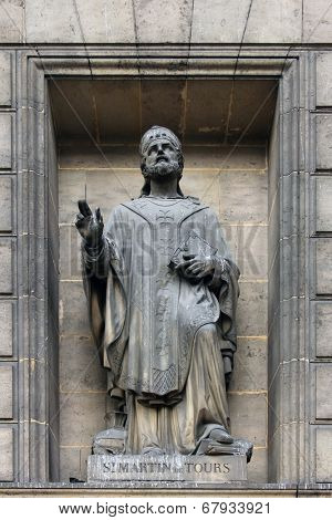 PARIS,FRANCE - NOV 09,2012: Saint Martin of Tours, architectural details of Eglise de la Madeleine. Madeleine Church was designed in its present form as a temple to the glory of Napoleon's army.