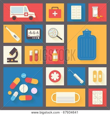 Medical vector icons set. Ambulance and pharmacy. Healthcare infographic elements.