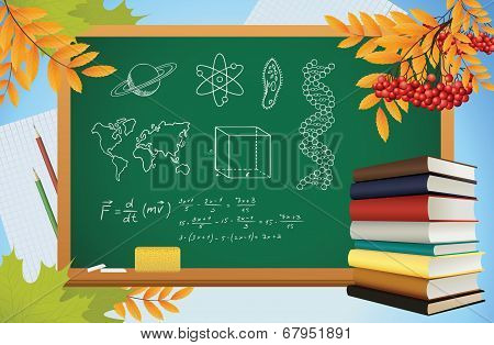 School Autumn Background With Symbols On Blackboard, Books And Yellow Leves, Vector
