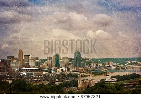 The Cincinnati riverfront shot from Covington, Kentucky.  This image has been treated with a texture overlay.