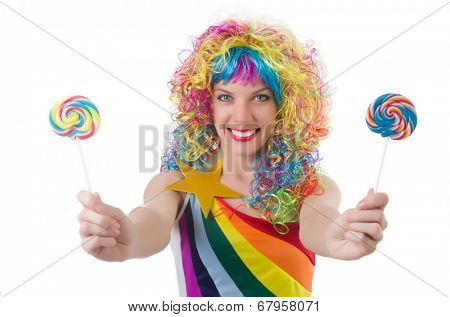 Pretty girl with lollypops isolated on white