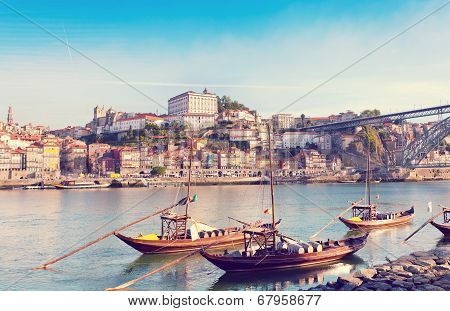 traditional boats with wine barrels old Porto Portugal