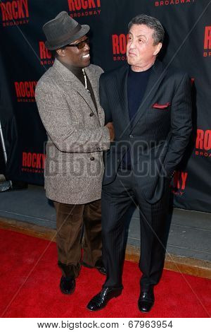 NEW YORK-MAR 13: Actors Wesley Snipes (L) and Sylvester Stallone attend the 'Rocky' Broadway opening night at the Winter Garden Theatre on March 13, 2014 in New York City.