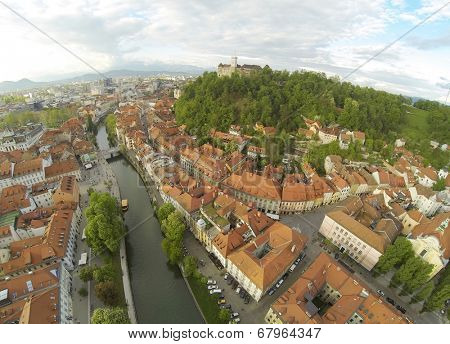 Areal photo of Ljubljana, capital of Slovenia. View from above on the historic centre of the city.